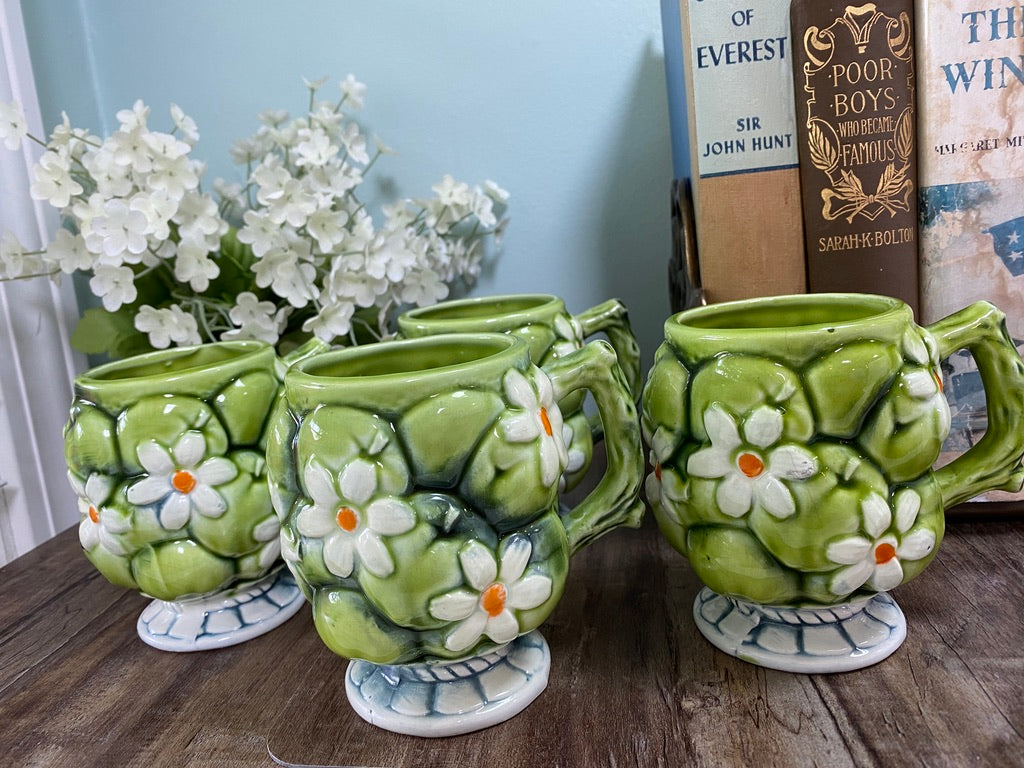 Midcentury Ceramic Mugs, Green Apple and Daisies Inarco 1967 at Duckwells