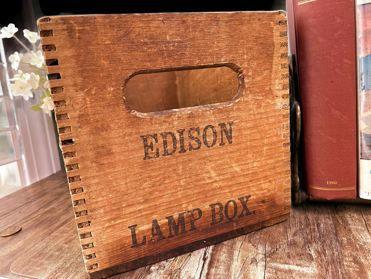 Antique Edison Lamp Advertising Wood Box - Duckwells