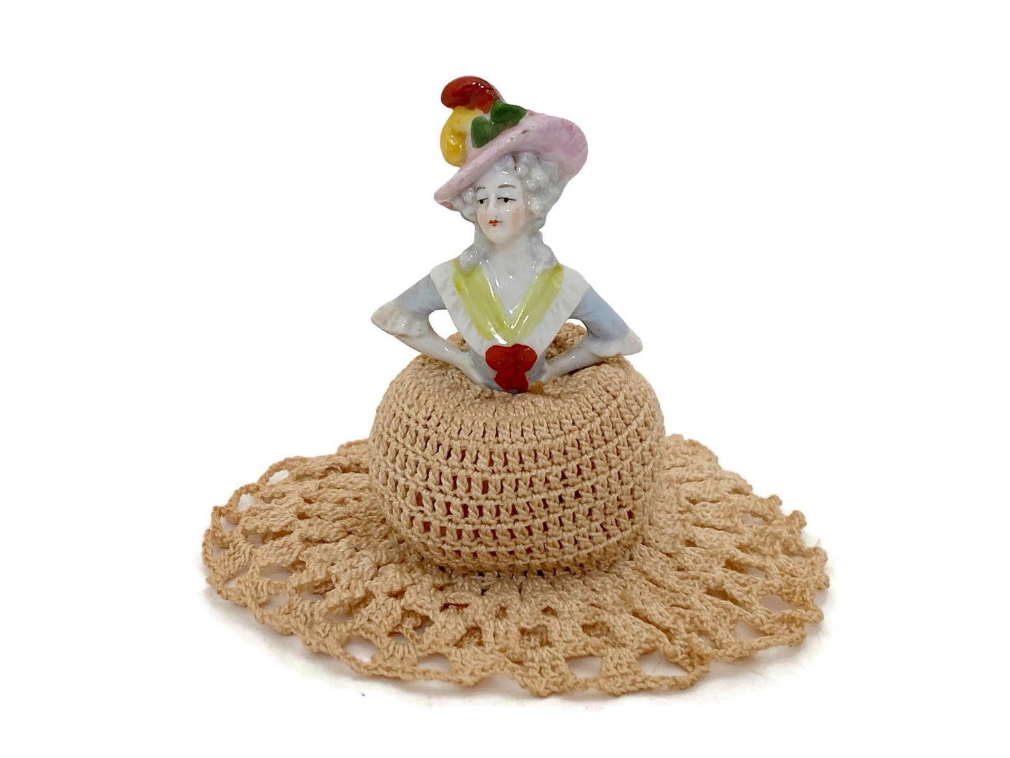 Antique German Ceramic Half Doll Pin Cushion Lady on Crochet Dress - Duckwells