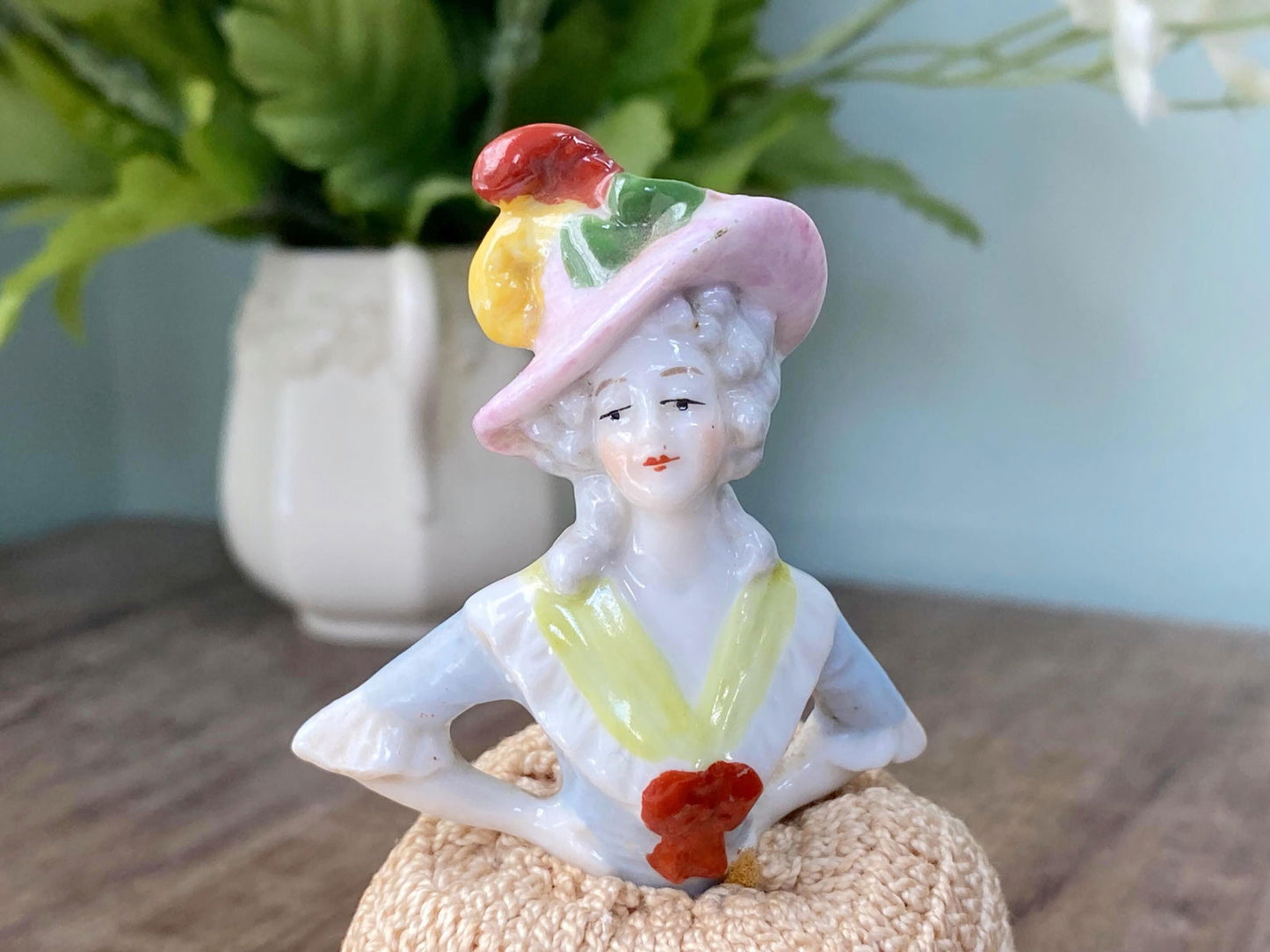 Antique German Ceramic Half Doll Pin Cushion Lady on Crochet Dress - Duckwells