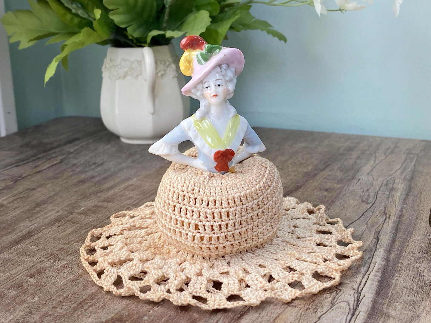 Antique German Ceramic Half Doll Pin Cushion Lady on Crochet Dress - Duckwells