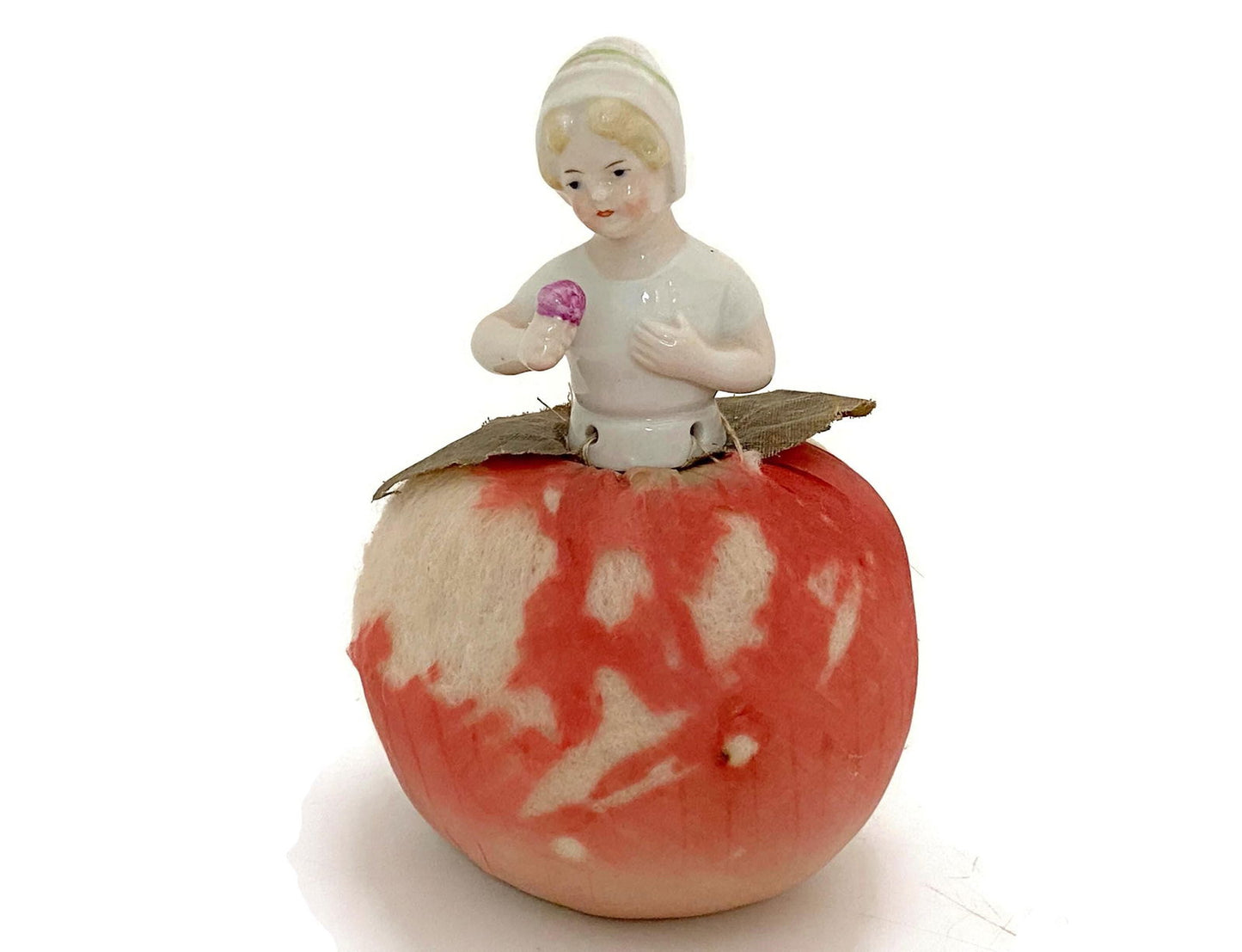 Antique German Ceramic Half Doll Pin Cushion Lady on an Apple at Duckwells