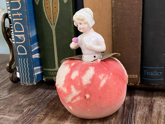 Antique German Ceramic Half Doll Pin Cushion Lady on an Apple at Duckwells