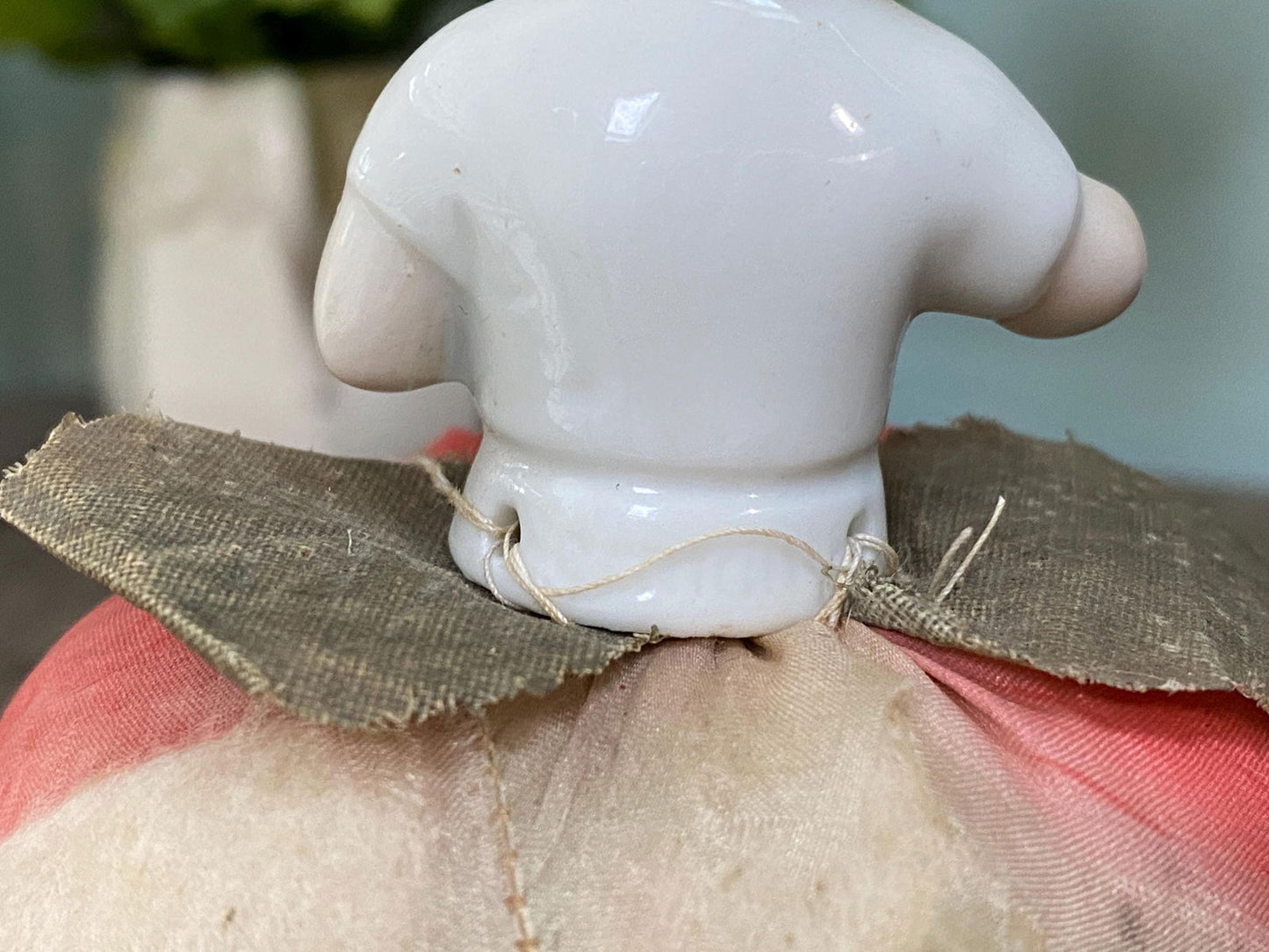 Antique German Ceramic Half Doll Pin Cushion Lady on an Apple at Duckwells