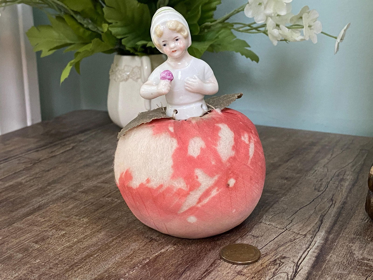 Antique German Ceramic Half Doll Pin Cushion Lady on an Apple at Duckwells