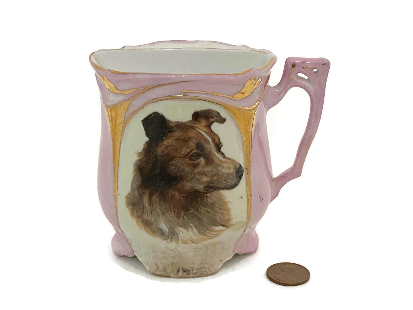 Antique Shaving Mug - Pink and Gold Lusterware Divided Porcelain Scuttle at Duckwells