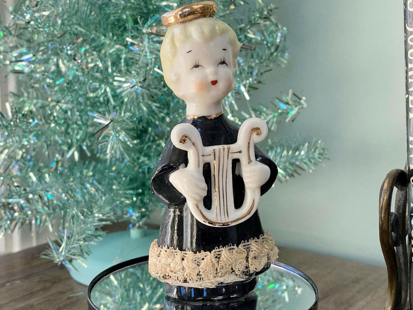 Midcentury Christmas Boy Musician with Lyre Ceramic Figurine - Duckwells