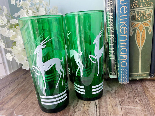 Midcentury Green and White Collins Cocktail Glasses at Duckwells