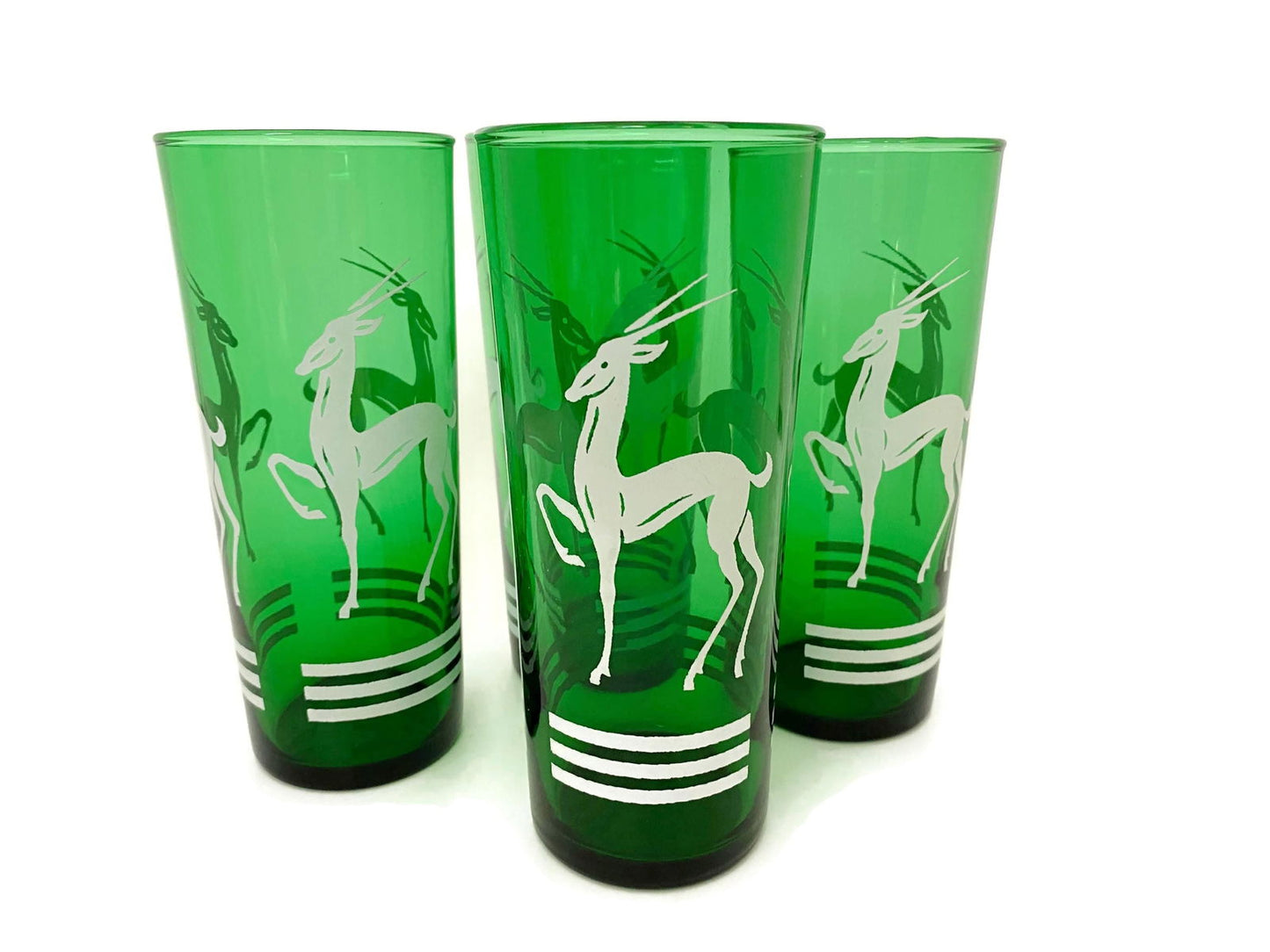 Midcentury Green and White Collins Cocktail Glasses - Duckwells
