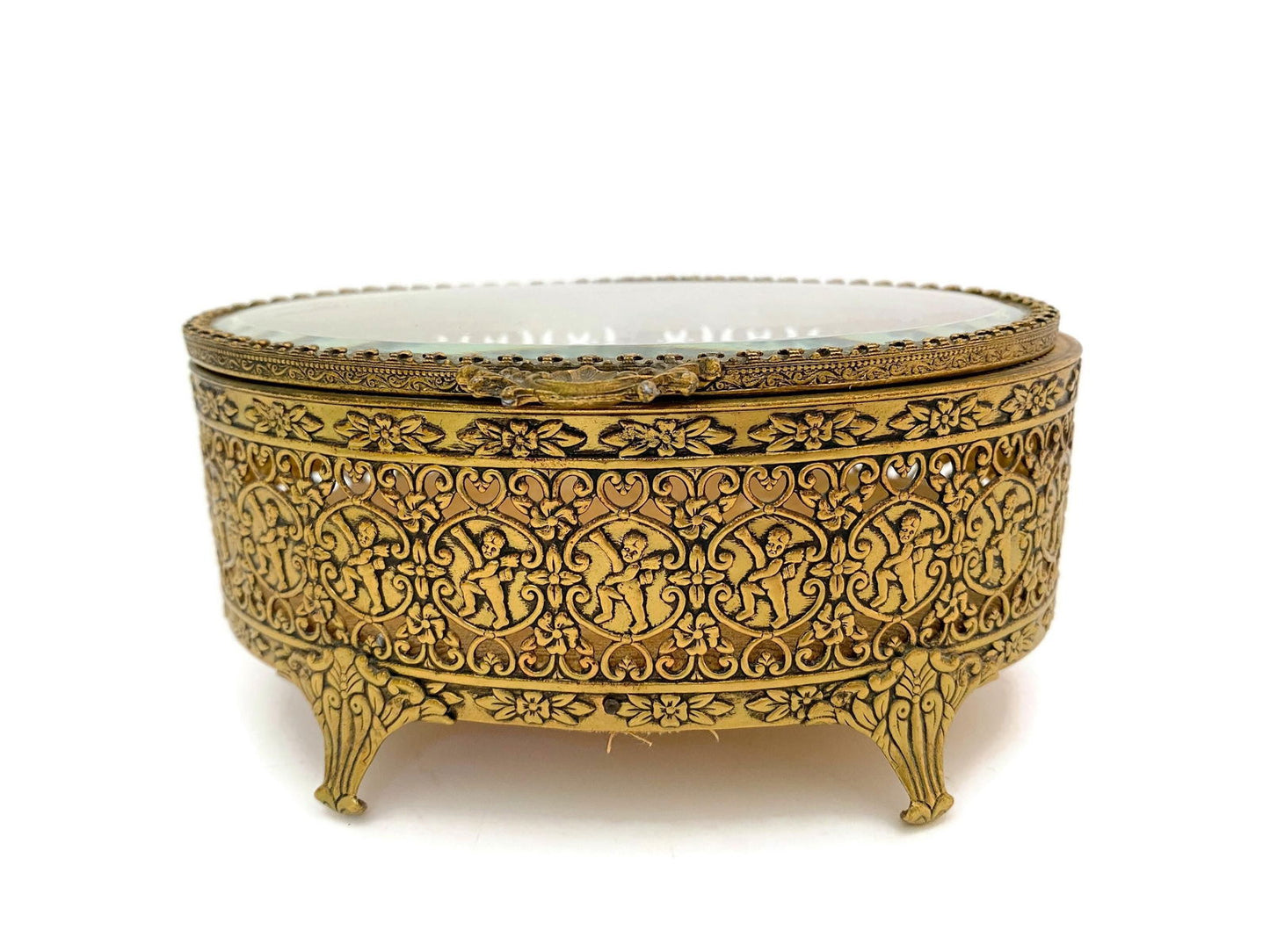 Midcentury Ornate Filagree Gold Jewel Box with Cherubs - Duckwells