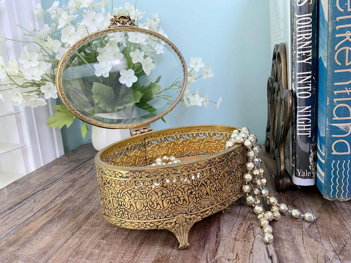 Midcentury Ornate Filagree Gold Jewel Box with Cherubs - Duckwells