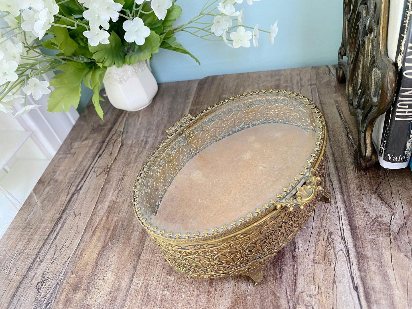 Midcentury Ornate Filagree Gold Jewel Box with Cherubs - Duckwells