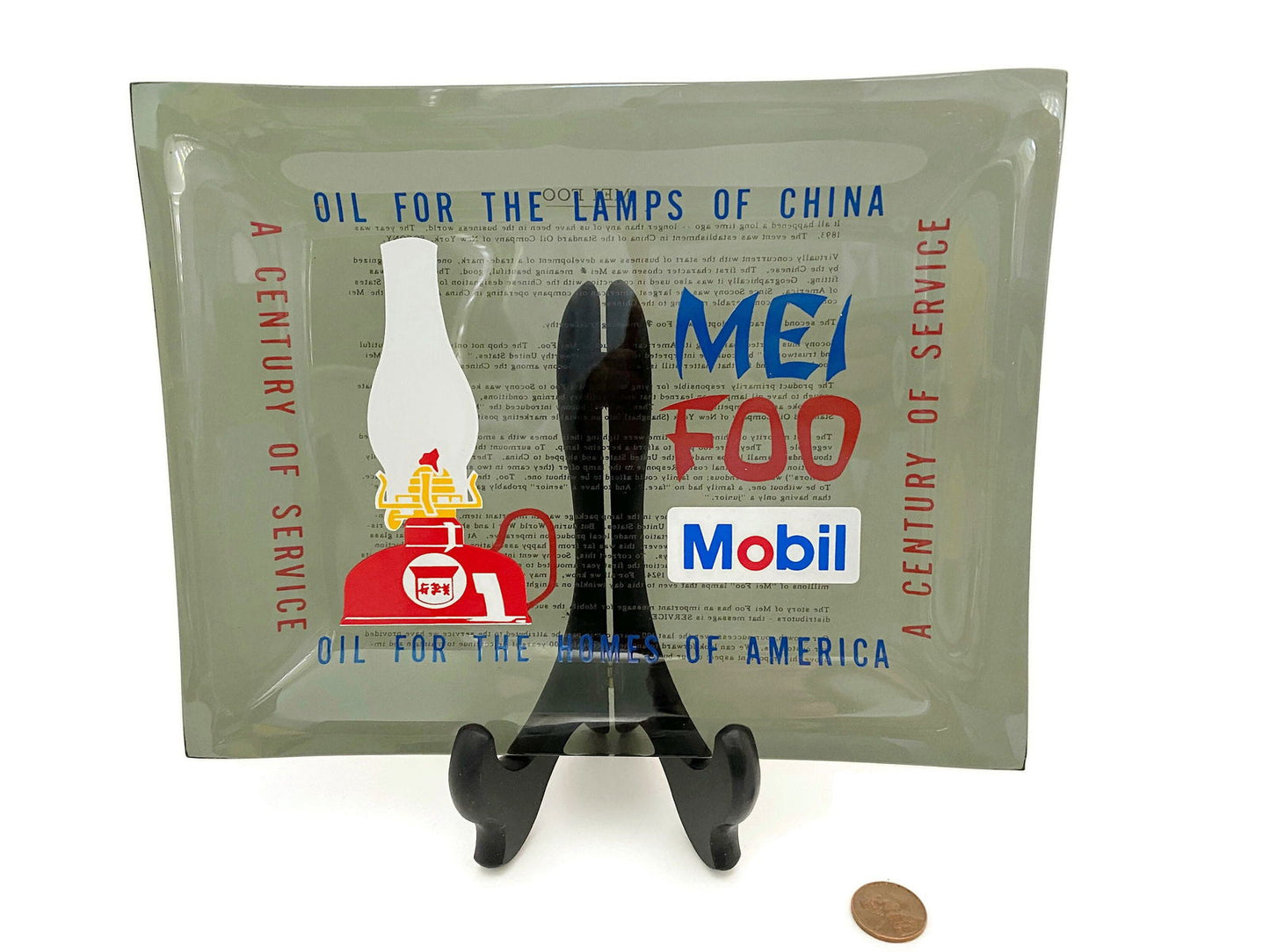 Vintage Houze Art Glass Dish Mobil Oil to Mei Foo - Duckwells