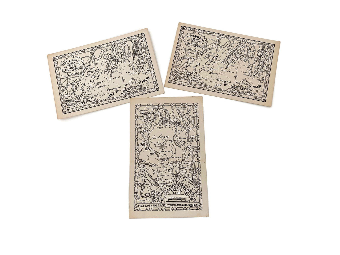 Vintage Maine Postcards Three World War II Era Maps by A.D. Phillips at Duckwells