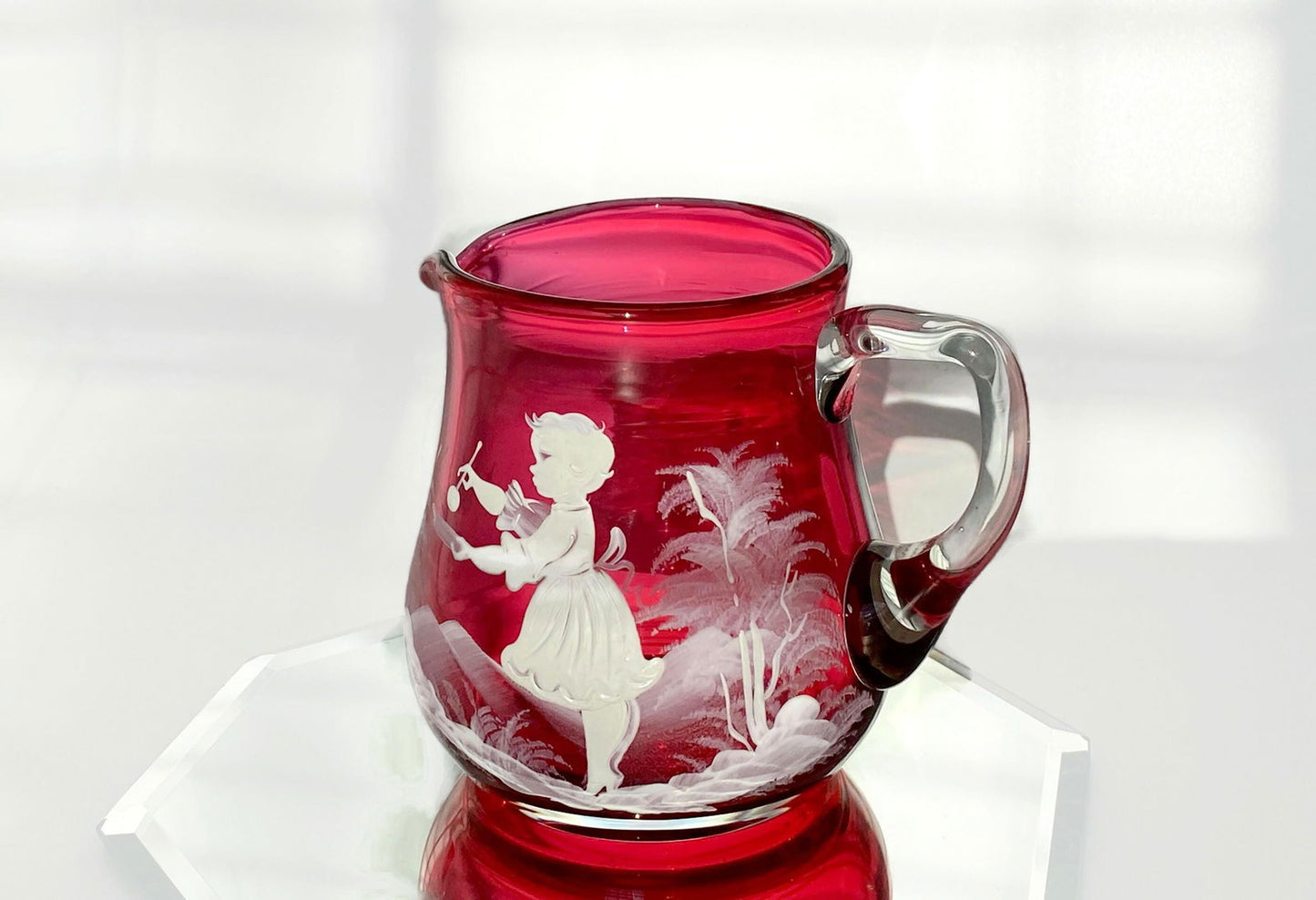 Vintage Mary Gregory Cranberry Glass Creamer - Duckwells