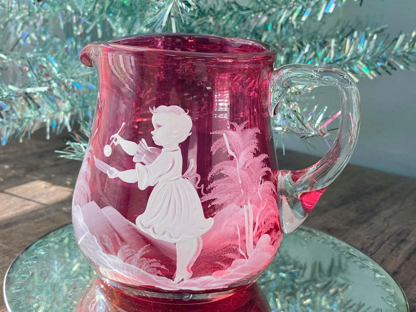 Vintage Mary Gregory Cranberry Glass Creamer - Duckwells