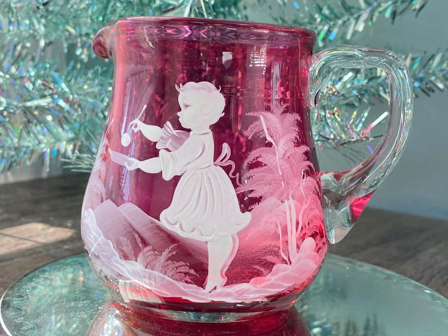 Vintage Mary Gregory Cranberry Glass Creamer - Duckwells