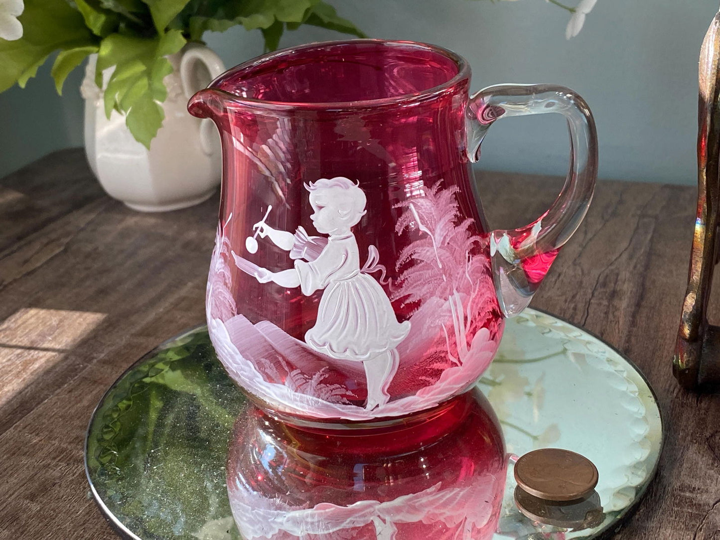 Vintage Mary Gregory Cranberry Glass Creamer - Duckwells
