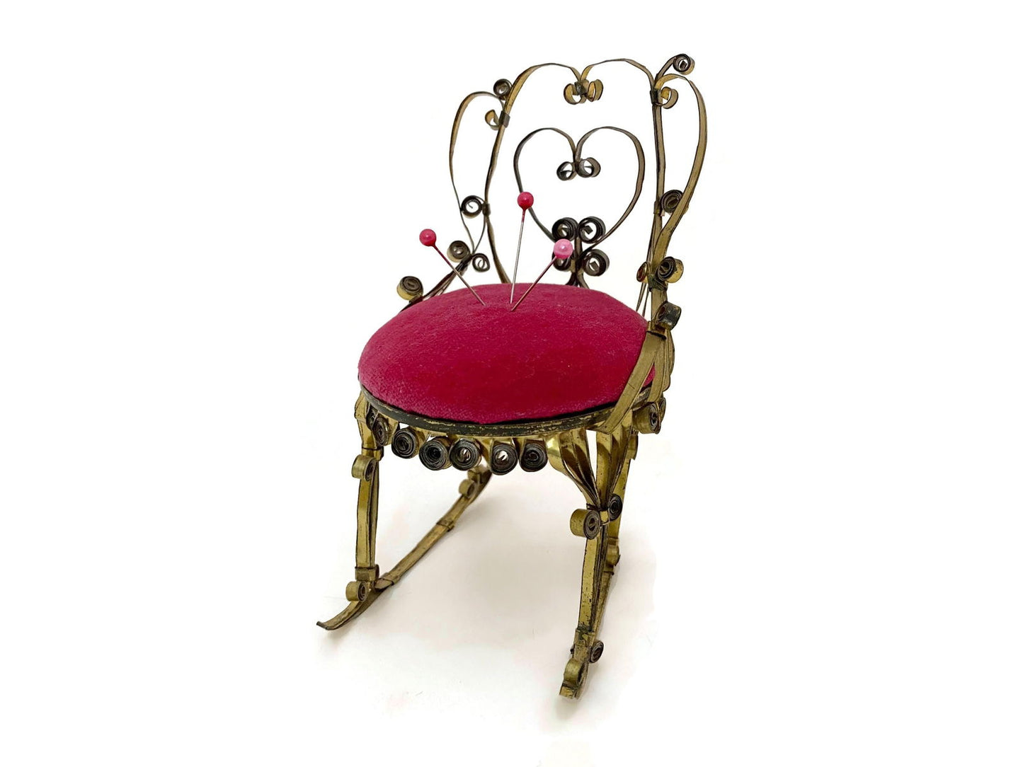 Vintage Tin Can Folk Tramp Art Quilled Rocking Chair Pin Cushion - Duckwells