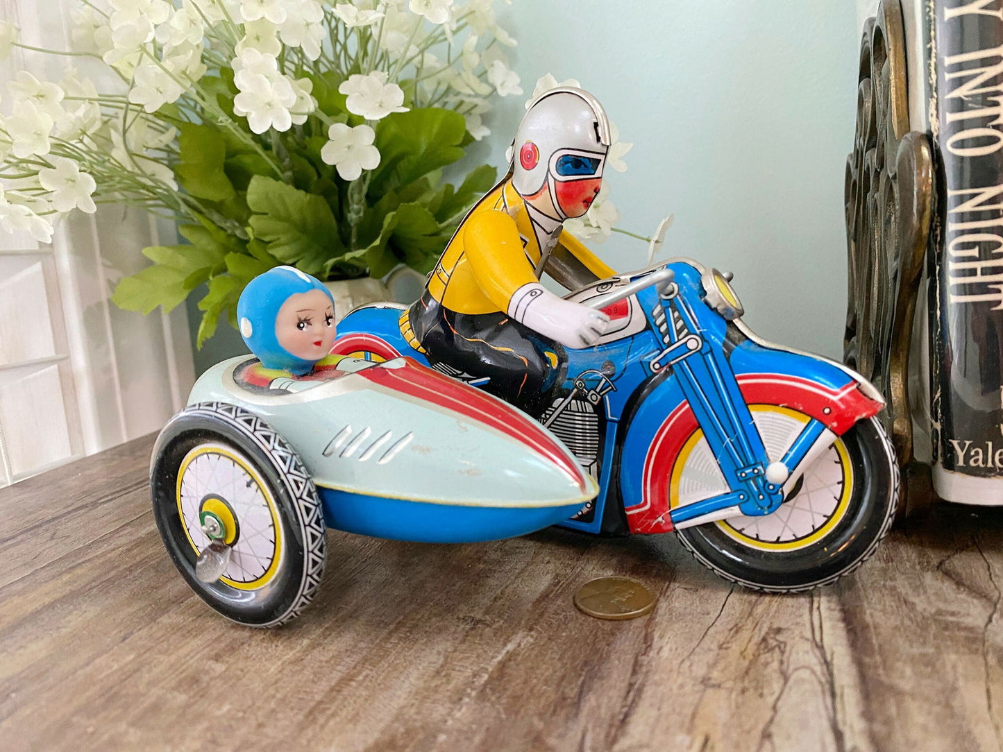 Vintage Tin Toy Motorcycle with Side Car by Schylling - Duckwells
