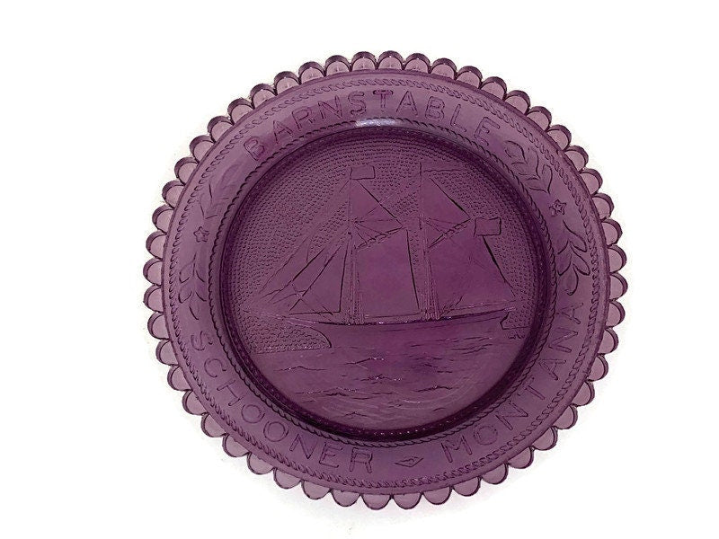 Vintage Pairpoint Glass Cup Plates Barnstable Massachusetts Schooner Montana at Duckwells