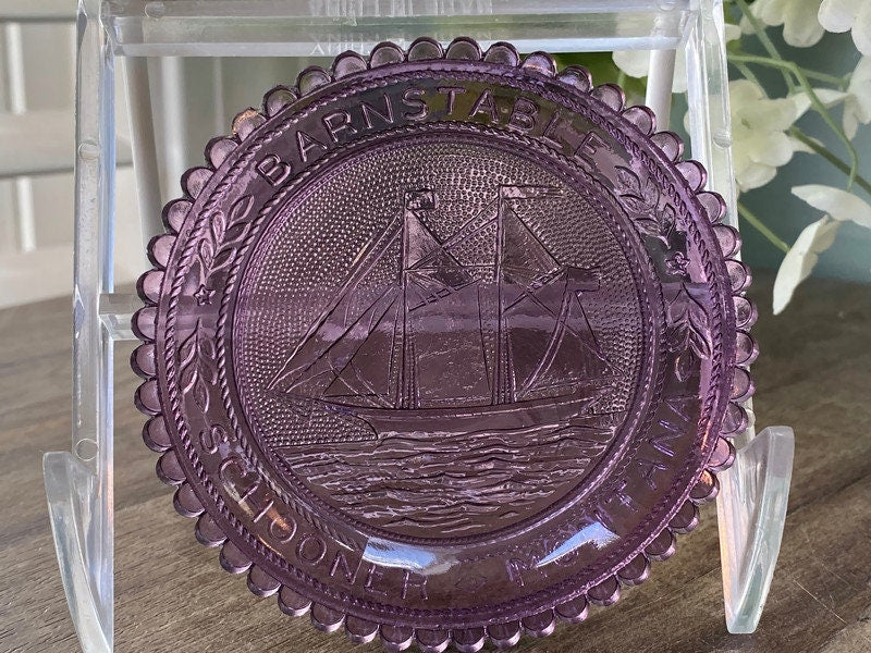 Vintage Pairpoint Glass Cup Plates Barnstable Massachusetts Schooner Montana at Duckwells