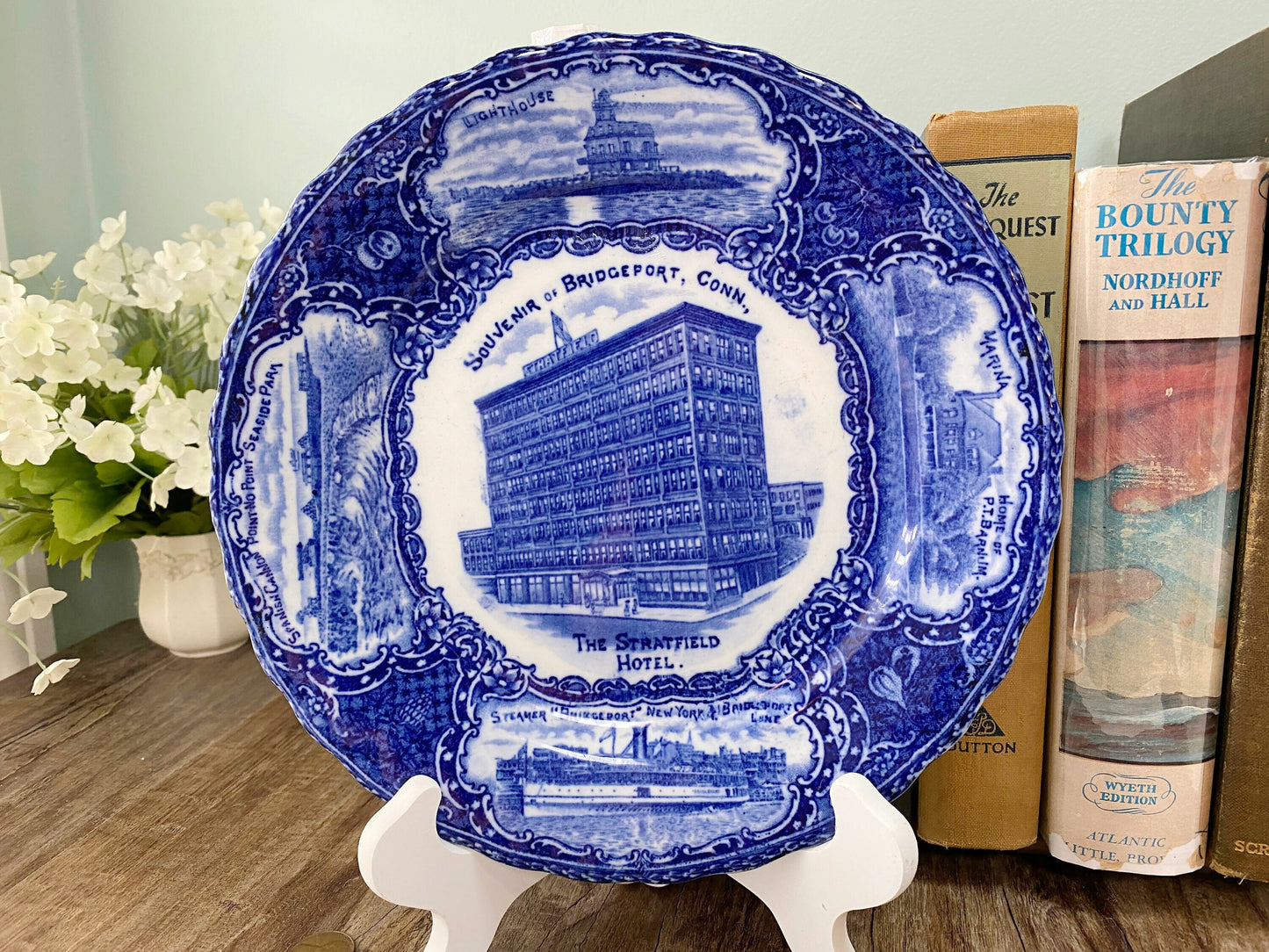 Antique Souvenir of Bridgeport, Conn Blue and White Plate