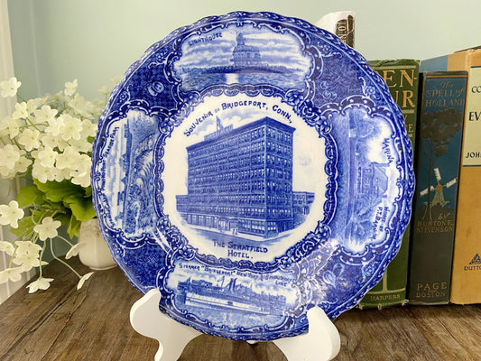 Antique Souvenir of Bridgeport, Conn Blue and White Plate at Duckwells
