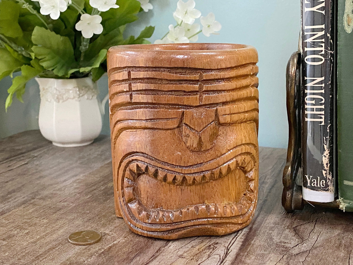 Midcentury Tiki Mug, Wood Tropical Home Decor