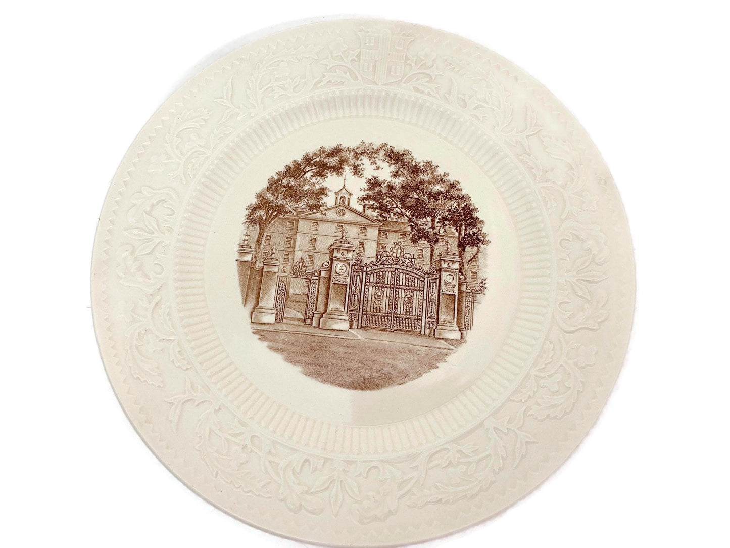 Vintage Brown University Souvenir Plate by Wedgwood, Van Wickle Gates