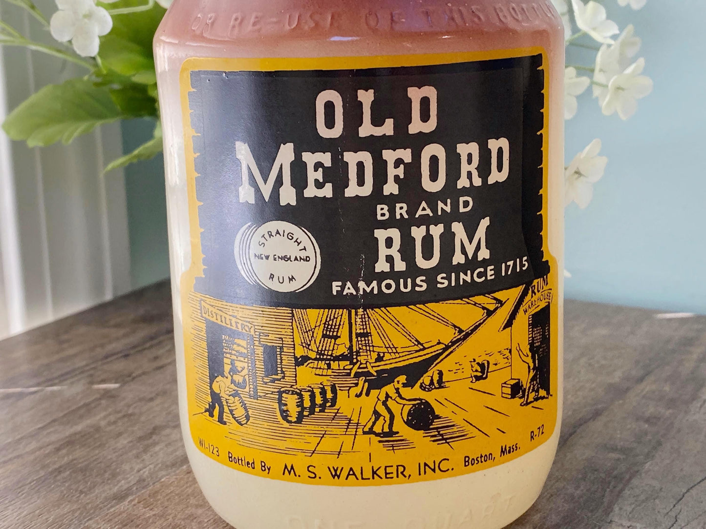 Midcentury Old Medford Rum Glass Bottle Massachusetts