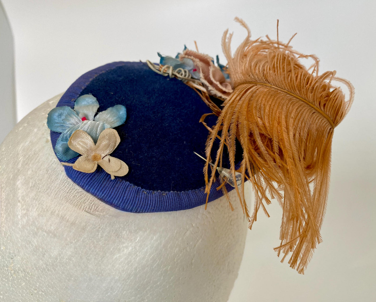 Vintage Blue Floral and Feather Fascinator at Duckwells