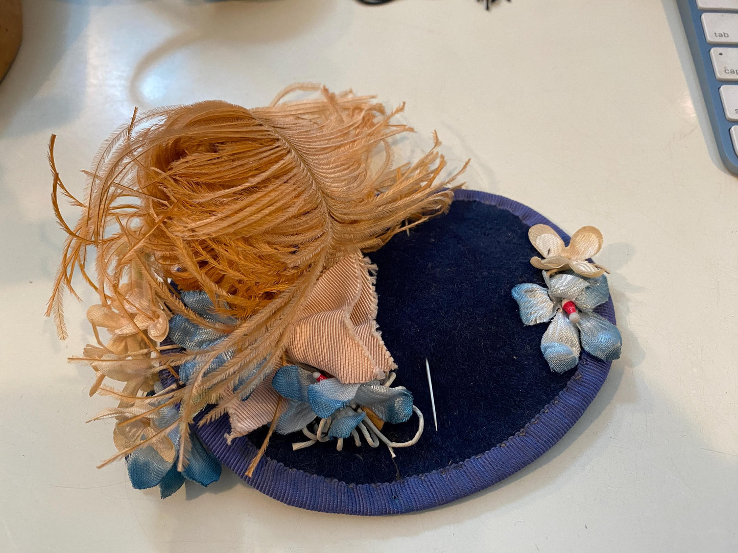 Vintage Blue Floral and Feather Fascinator at Duckwells