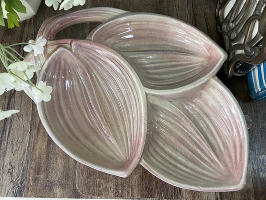 Vintage McCoy Pottery Pink Rustic Line Tri-Part Three Leaf Dish at Duckwells