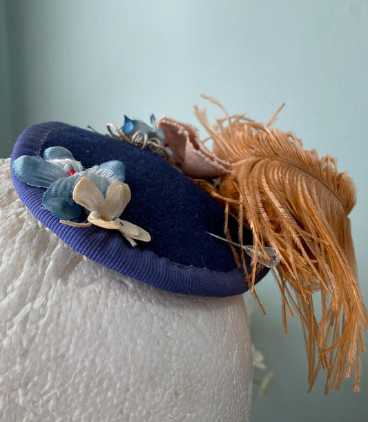 Vintage Blue Floral and Feather Fascinator at Duckwells