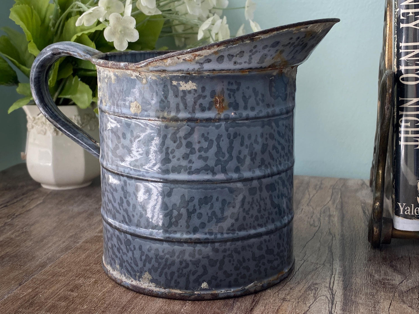 Vintage Graniteware Enameled Metal Measuring Pitcher
