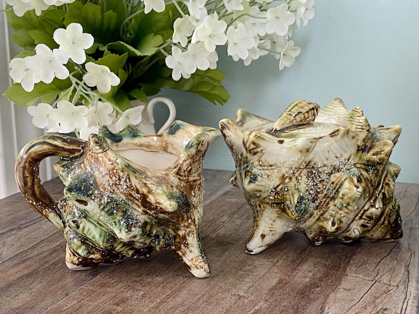 Mid Century Ceramic Seashell Sugar and Creamer Set at Duckwells