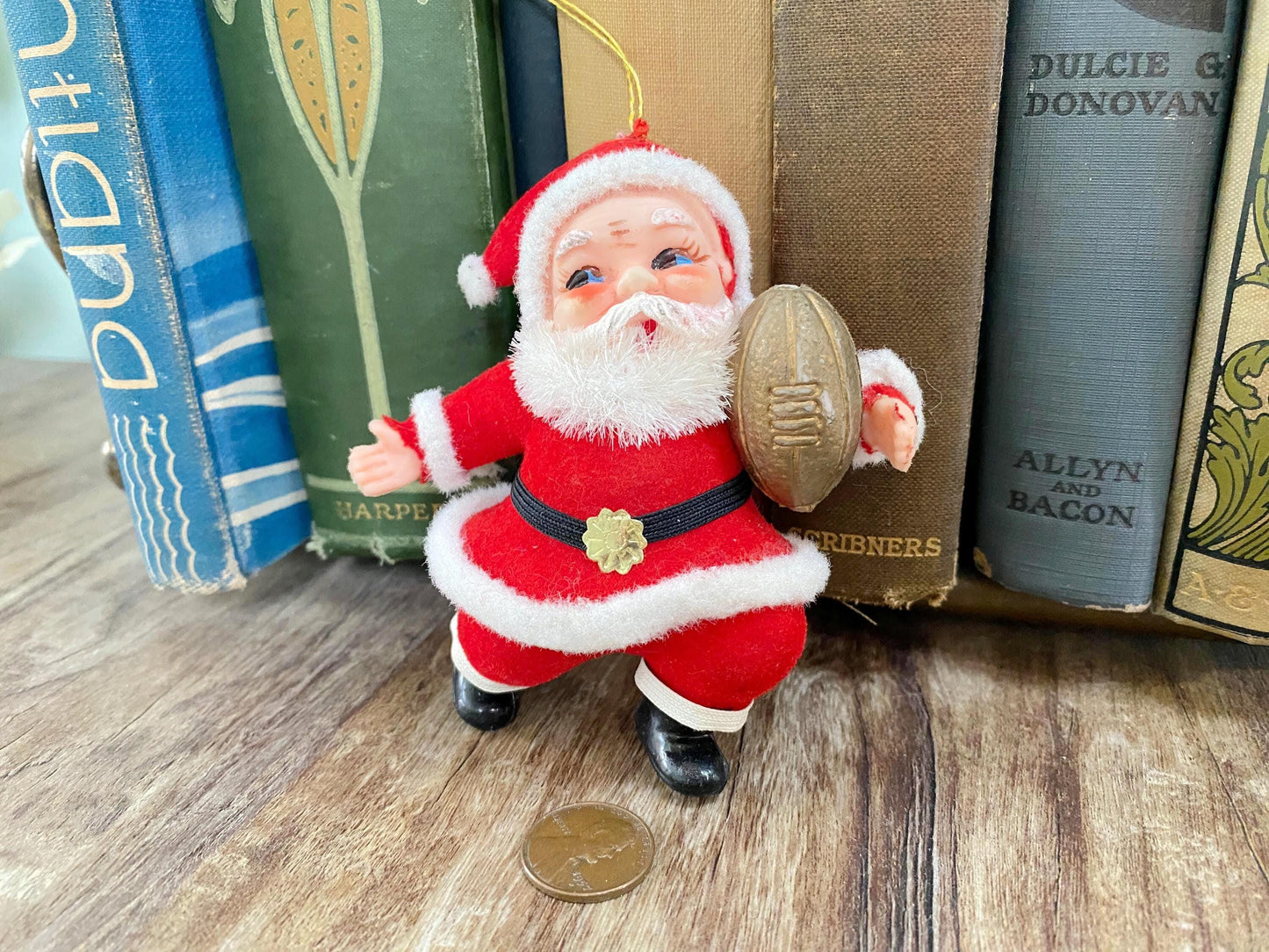 Vintage Santa Claus with a Football Hanging Ornament at Duckwells