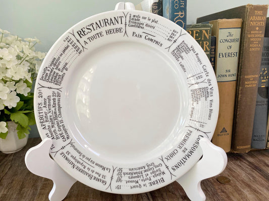 Vintage French Restaurant Plate with Menu on the Rim at Duckwells