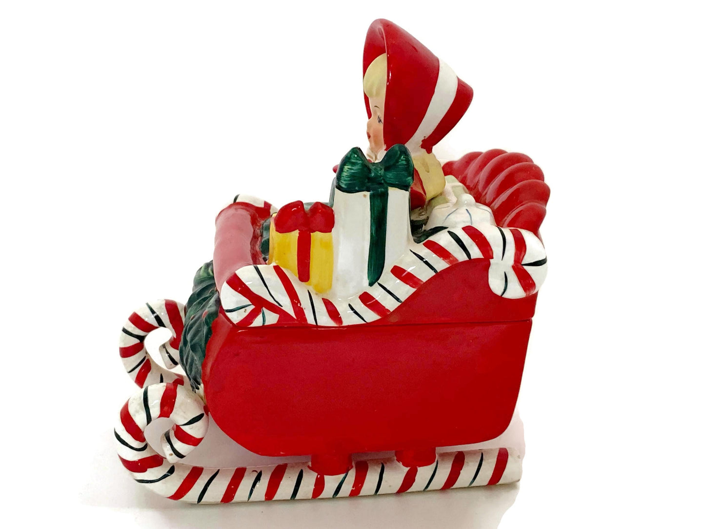 Midcentury Lefton Ceramic Christmas Girl on a Sleigh Candy Box at Duckwells