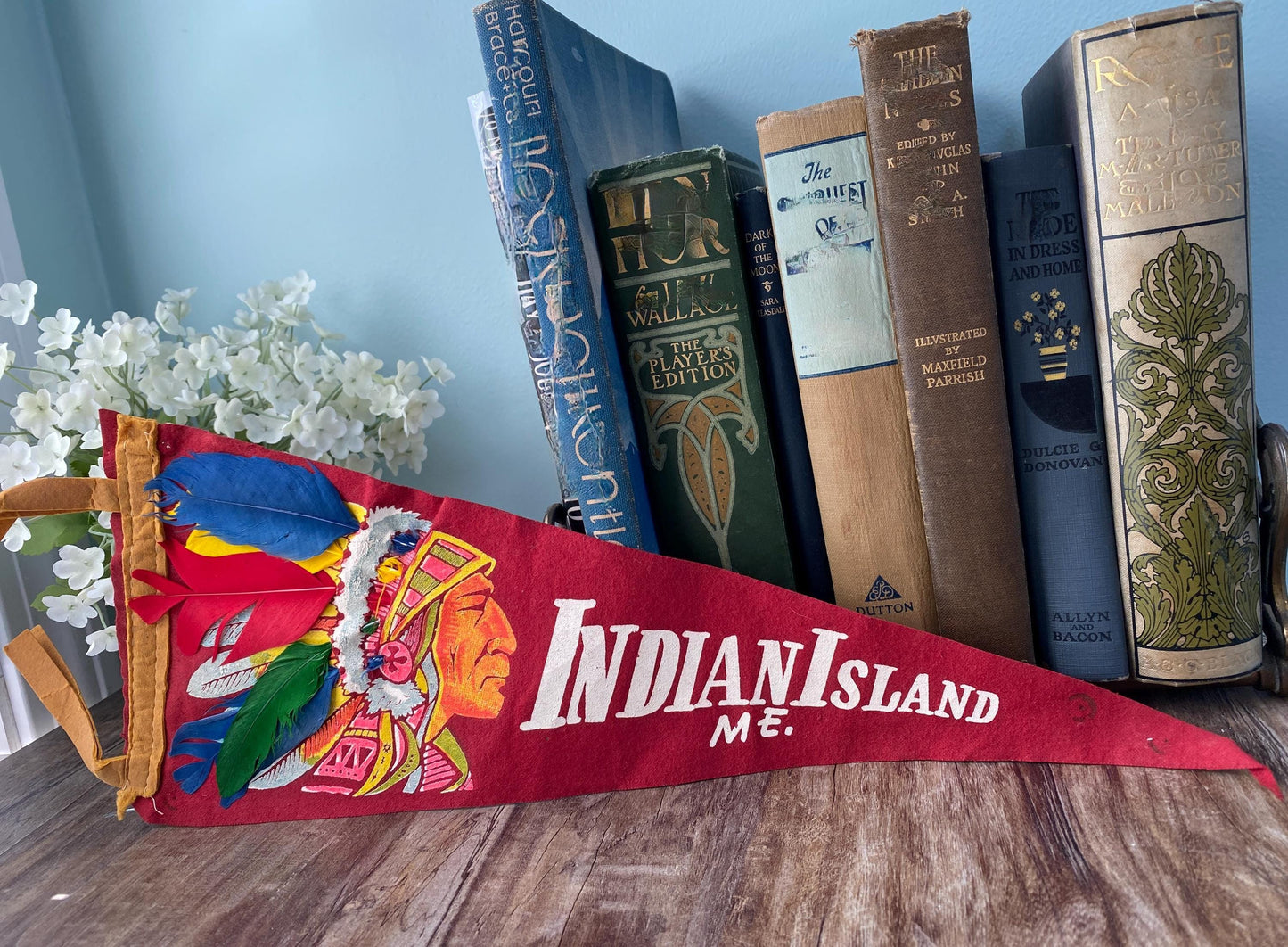 Vintage Indian Island Maine Pennant with Feathered Headdress at Duckwells