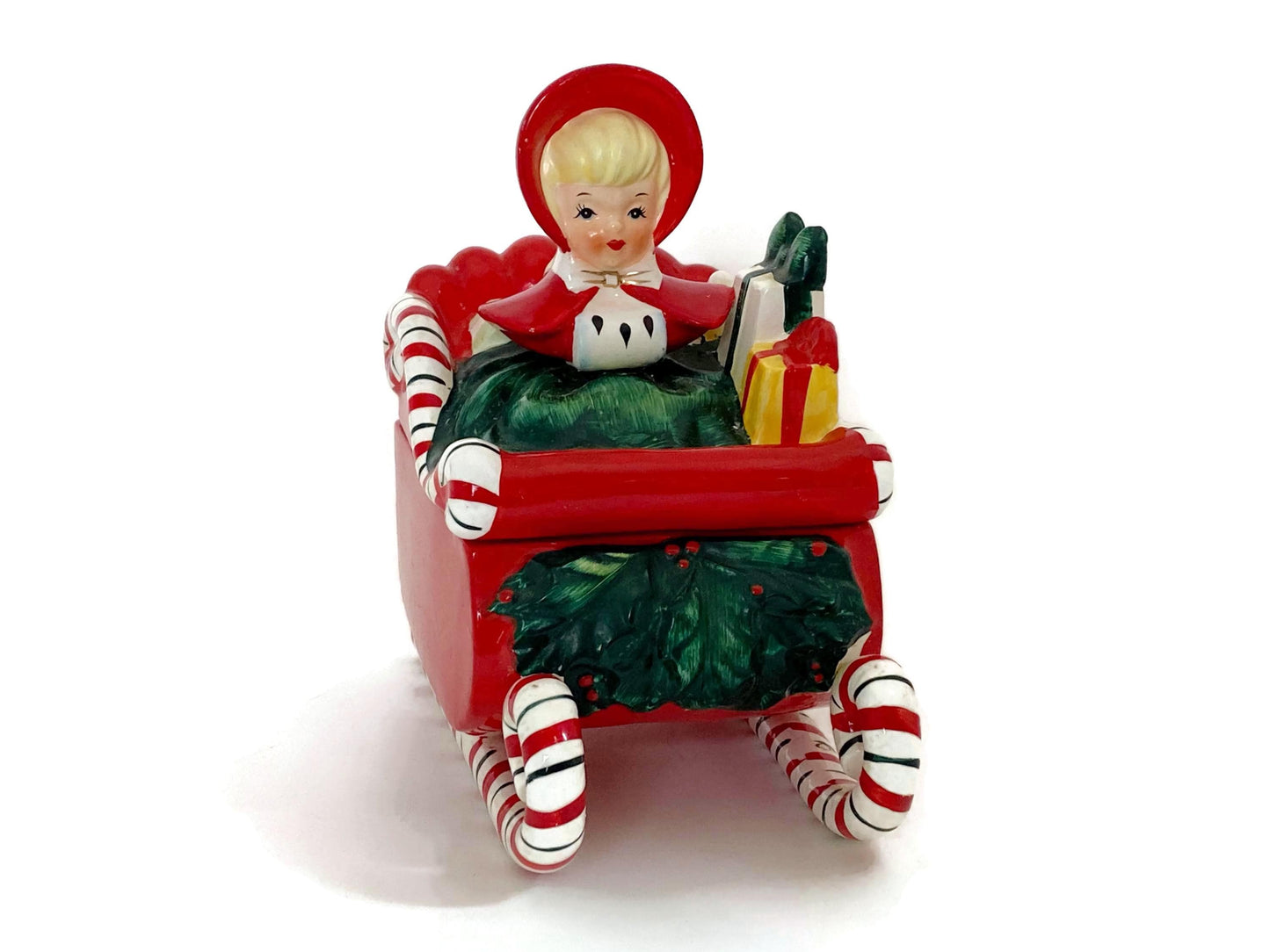 Midcentury Lefton Ceramic Christmas Girl on a Sleigh Candy Box at Duckwells
