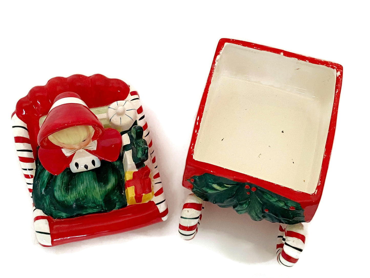 Midcentury Lefton Ceramic Christmas Girl on a Sleigh Candy Box at Duckwells