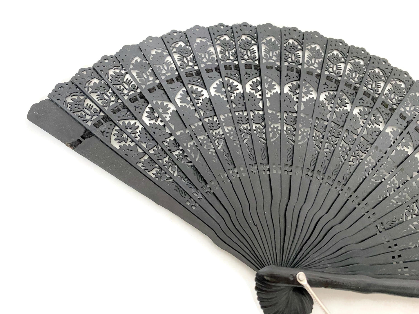 Vintage Folding Brise Fan, Lacy Black Celluloid at Duckwells