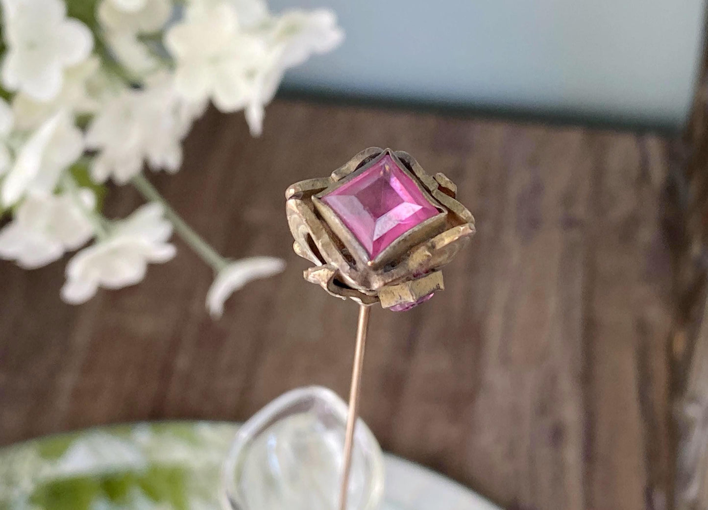 Antique Hat Pin, Art Nouveau with Pink Glass Stones at Duckwells