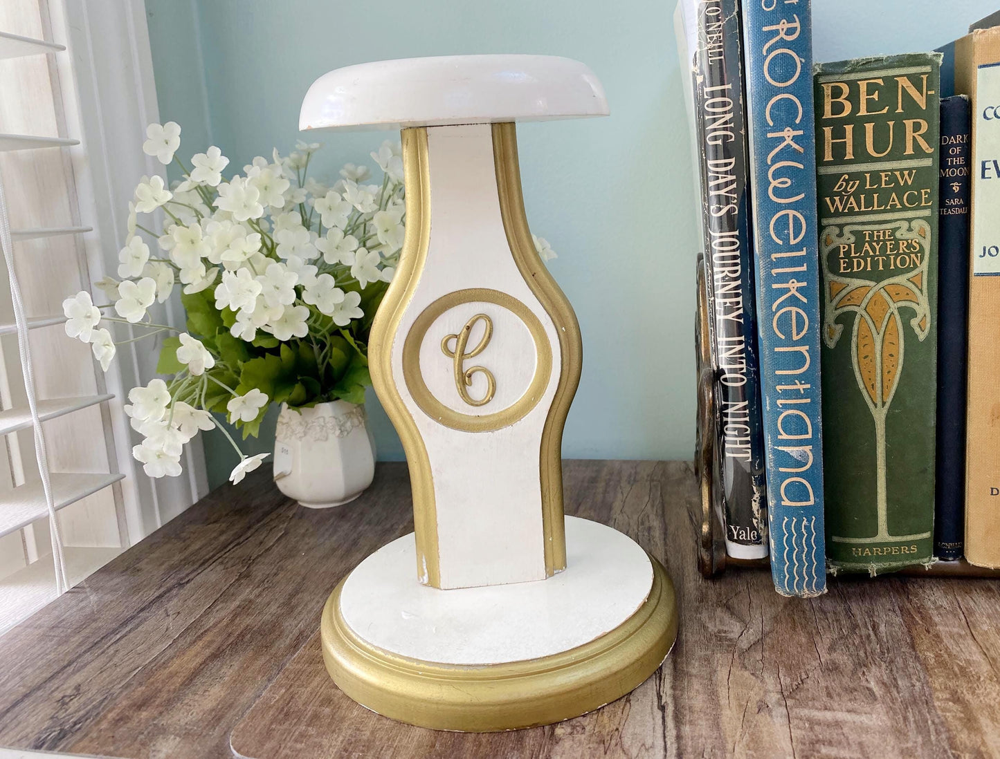 Antique Hat Stand, Gold and White Wood Display