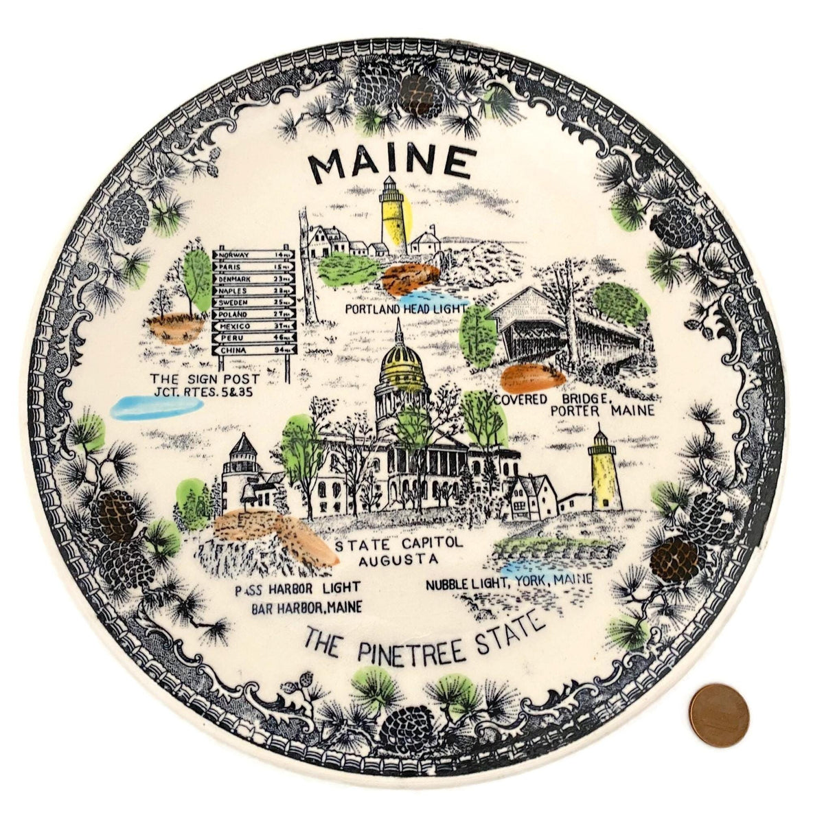 Vintage Maine Souvenir Plate, Midcentury The Pine Tree State