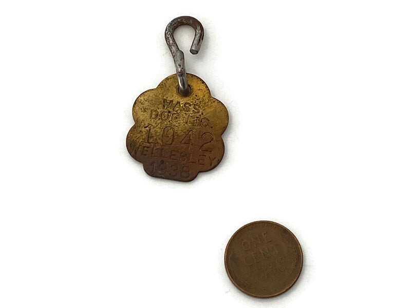 1938 Wellesley Massachusetts Brass Dog License Tag at Duckwells