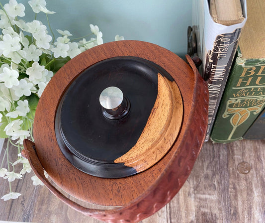 1970s Wood Ice Bucket with Tooled Leather Handle at Duckwells