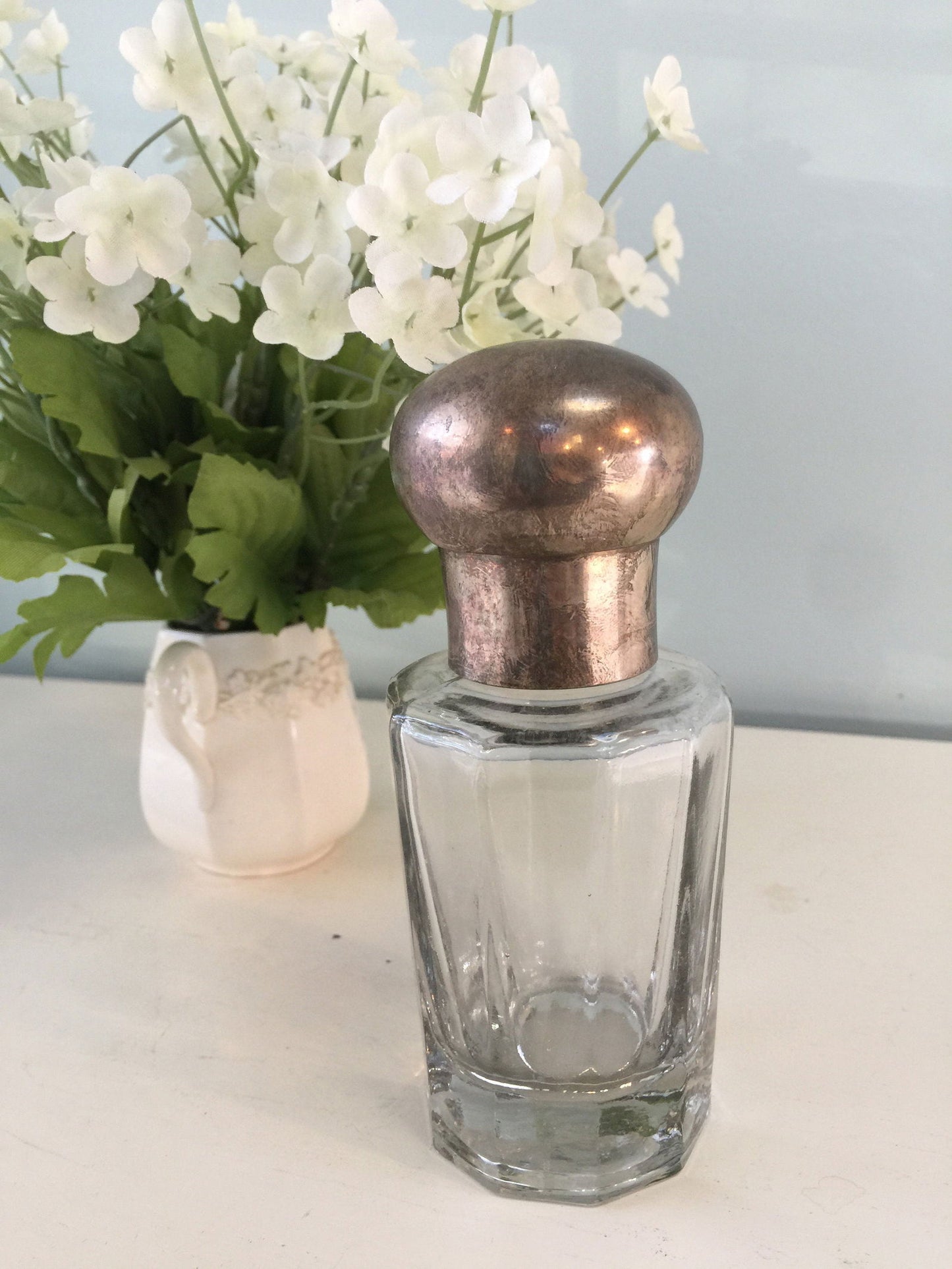 Antique Vanity Bottle in Clear Glass with Metal Lid at Duckwells